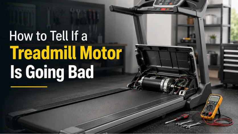Treadmill with open motor cover, visible drive motor, and diagnostic tools for checking signs of a bad treadmill motor.